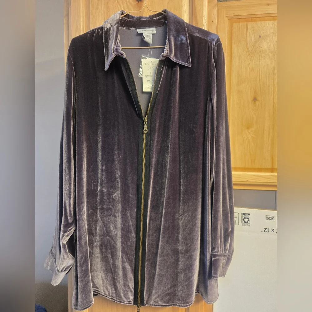 Soft Surroundings Vintage Gray Velvet Silk Blend Full Zip Blouse Sz Small - Picture 2 of 12